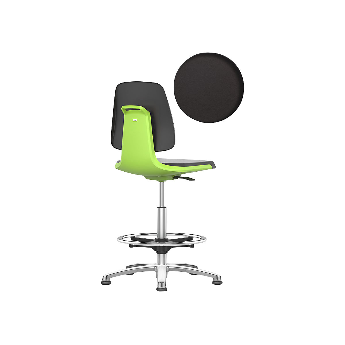 bimos – Siège d'atelier LABSIT, avec patins et repose-pieds circulaire, assise en mousse PU, vert