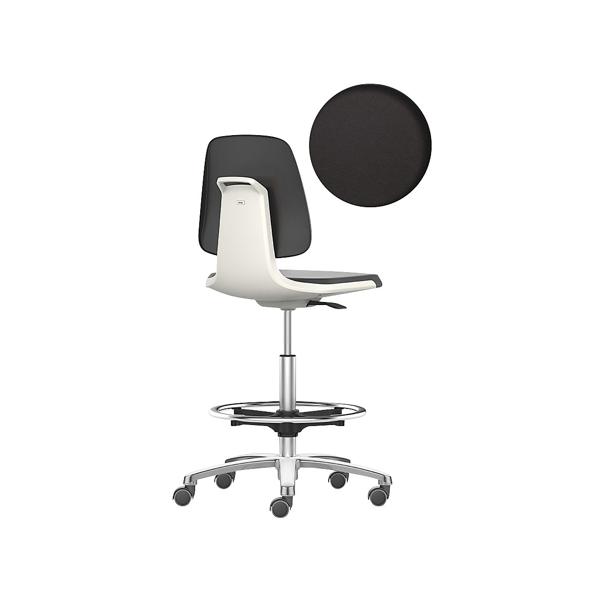 bimos – Siège d'atelier LABSIT, siège haut avec roulettes blocables et repose-pieds circulaire, assise en mousse PU, blanc