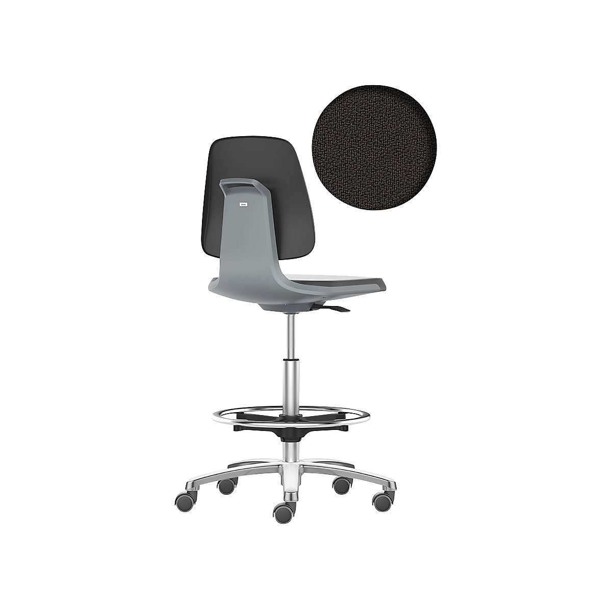 bimos – Siège d'atelier LABSIT, siège haut avec roulettes blocables et repose-pieds circulaire, assise à habillage tissu, anthracite