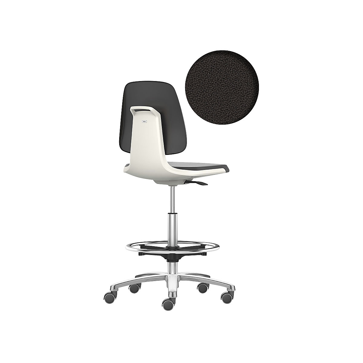 bimos – Siège d'atelier LABSIT, siège haut avec roulettes blocables et repose-pieds circulaire, assise à habillage tissu, blanc