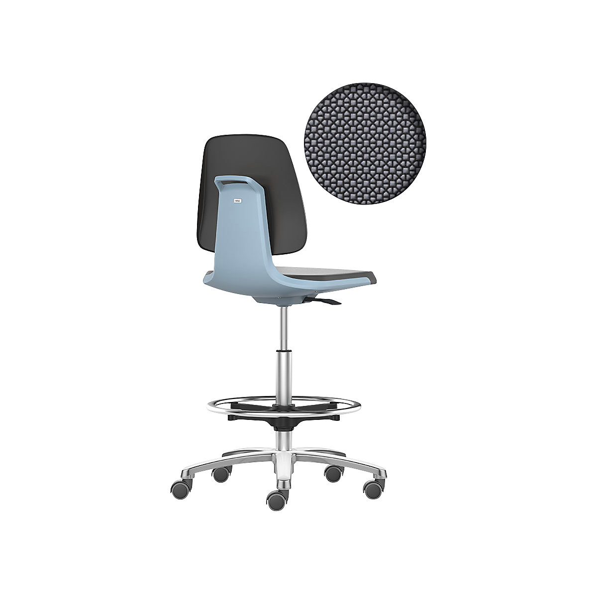 bimos – Siège d'atelier LABSIT, siège haut avec roulettes blocables et repose-pieds circulaire, assise Supertec, bleu