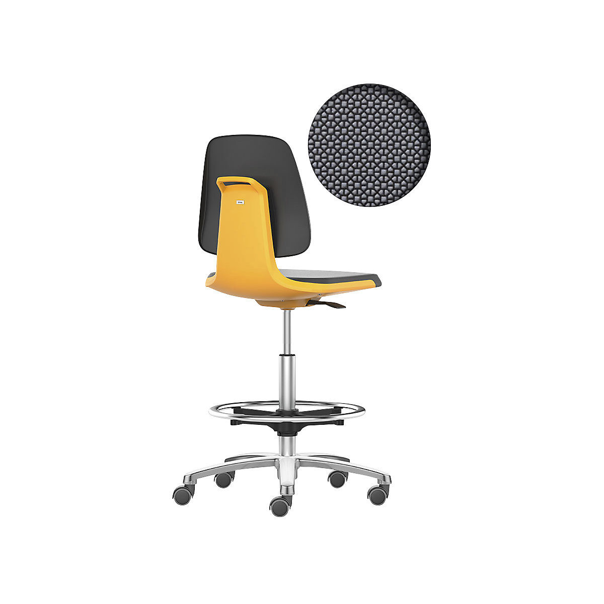 bimos – Siège d'atelier LABSIT, siège haut avec roulettes blocables et repose-pieds circulaire, assise Supertec, orange