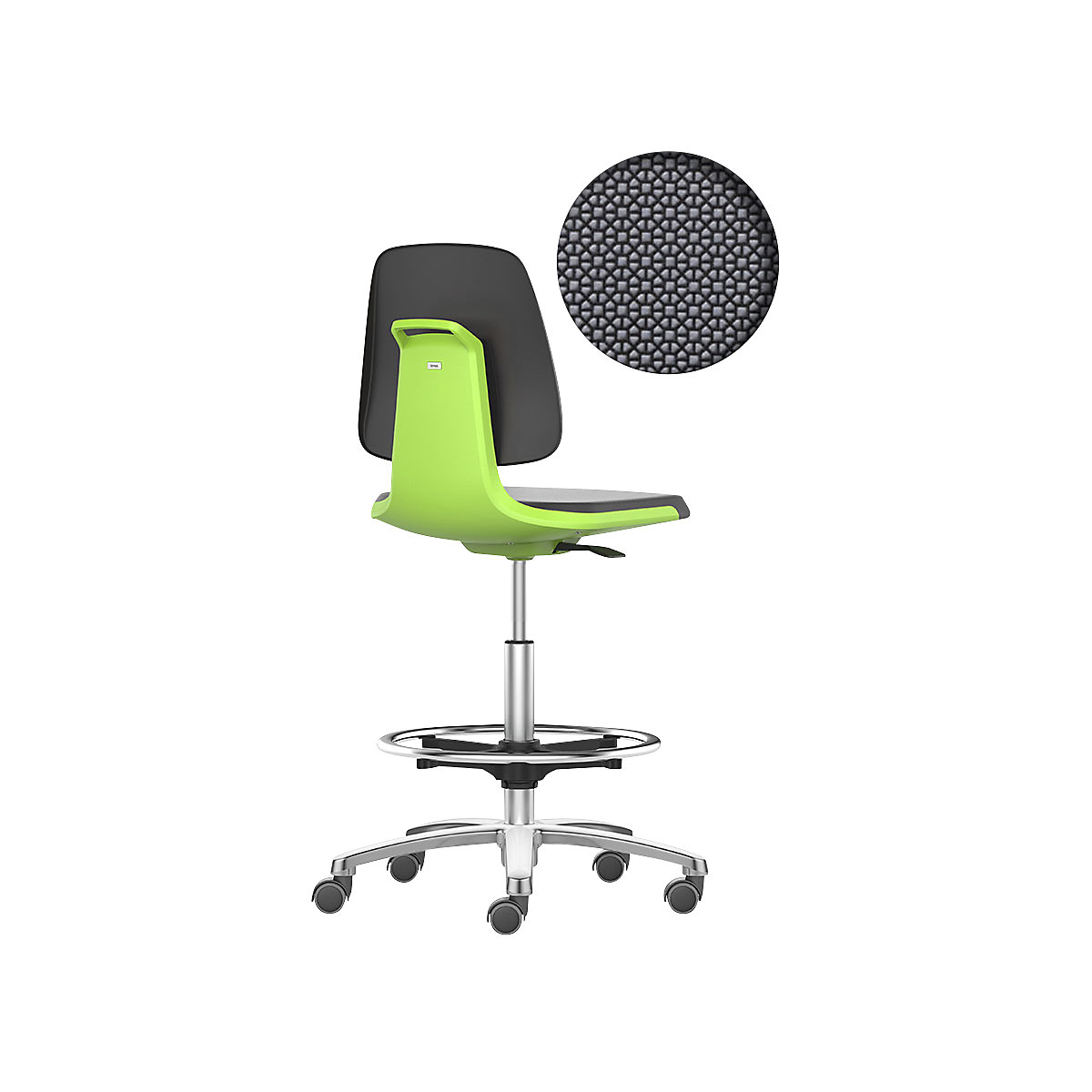 bimos – Siège d'atelier LABSIT, siège haut avec roulettes blocables et repose-pieds circulaire, assise Supertec, vert