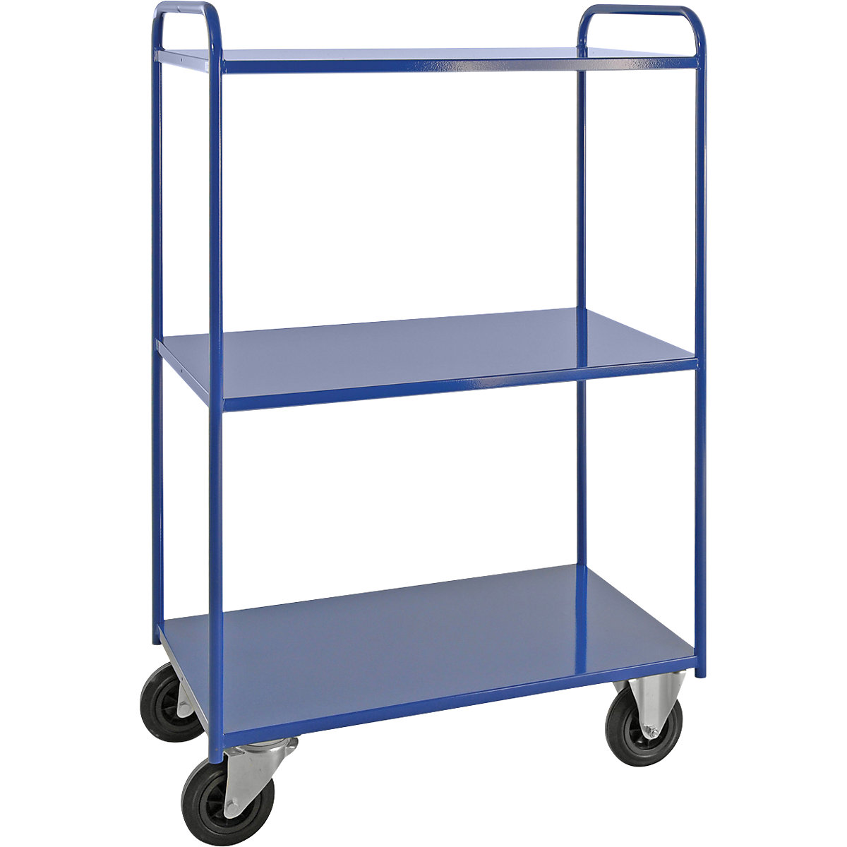 Chariot à plateaux KM41 – Kongamek, 3 plateaux à rebord, L x l x h 955 x 550 x 1490 mm, bleu, 2 roulettes pivotantes et 2 fixes, à partir de 5 pièces-4