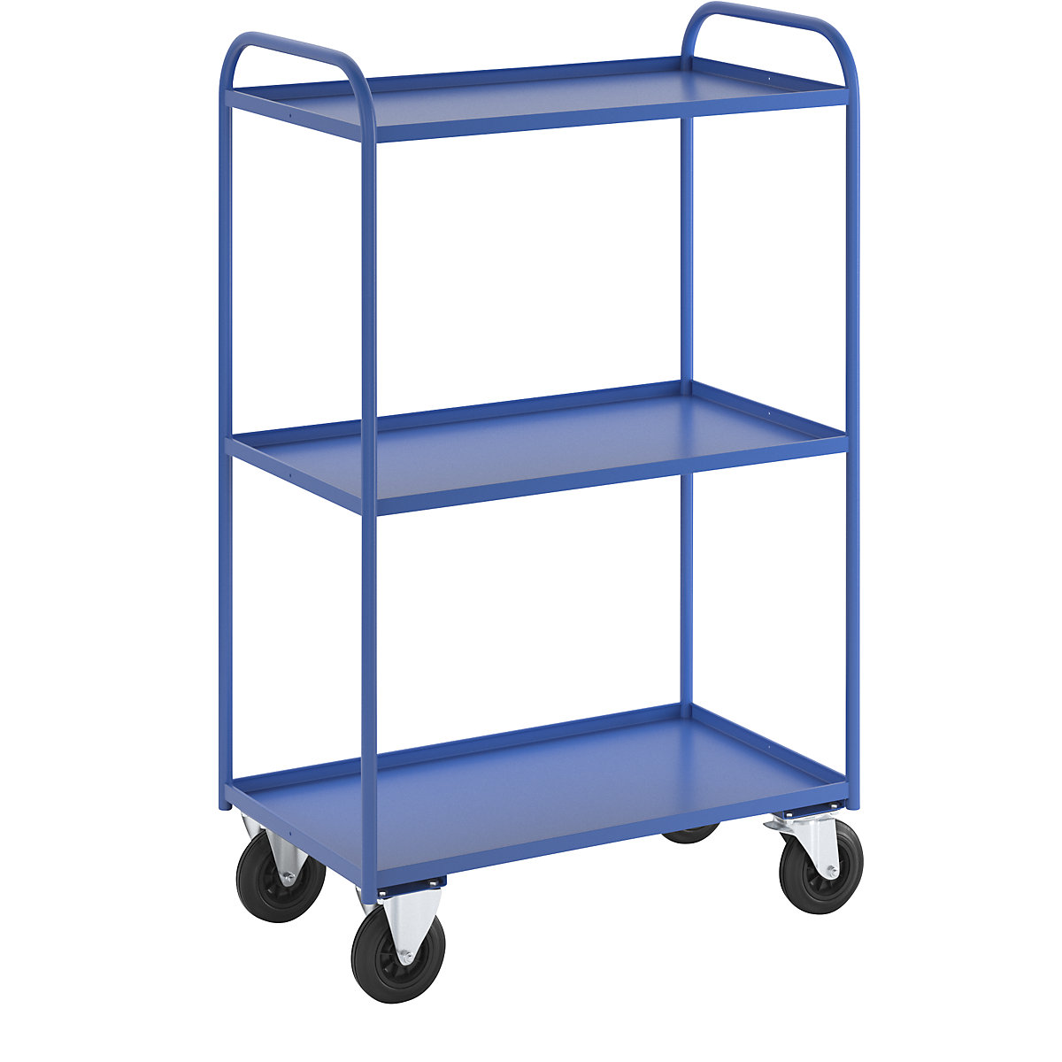 Chariot à plateaux KM41 – Kongamek, 3 plateaux à rebord, L x l x h 955 x 550 x 1490 mm, bleu, 2 roulettes pivotantes et 2 fixes-2