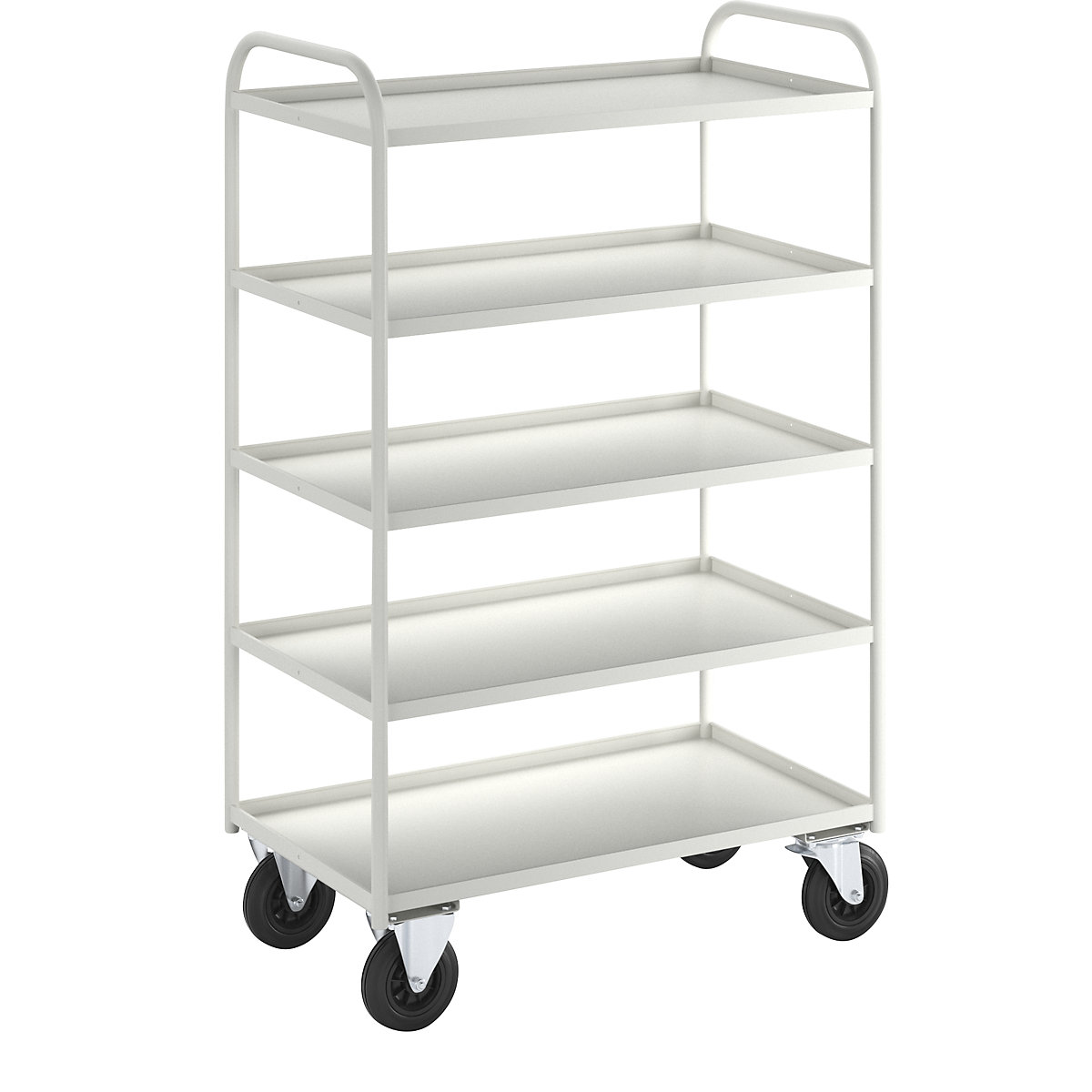 Chariot à plateaux KM41 – Kongamek, 5 plateaux à rebord, L x l x h 955 x 550 x 1490 mm, blanc, 2 roulettes pivotantes et 2 fixes-6