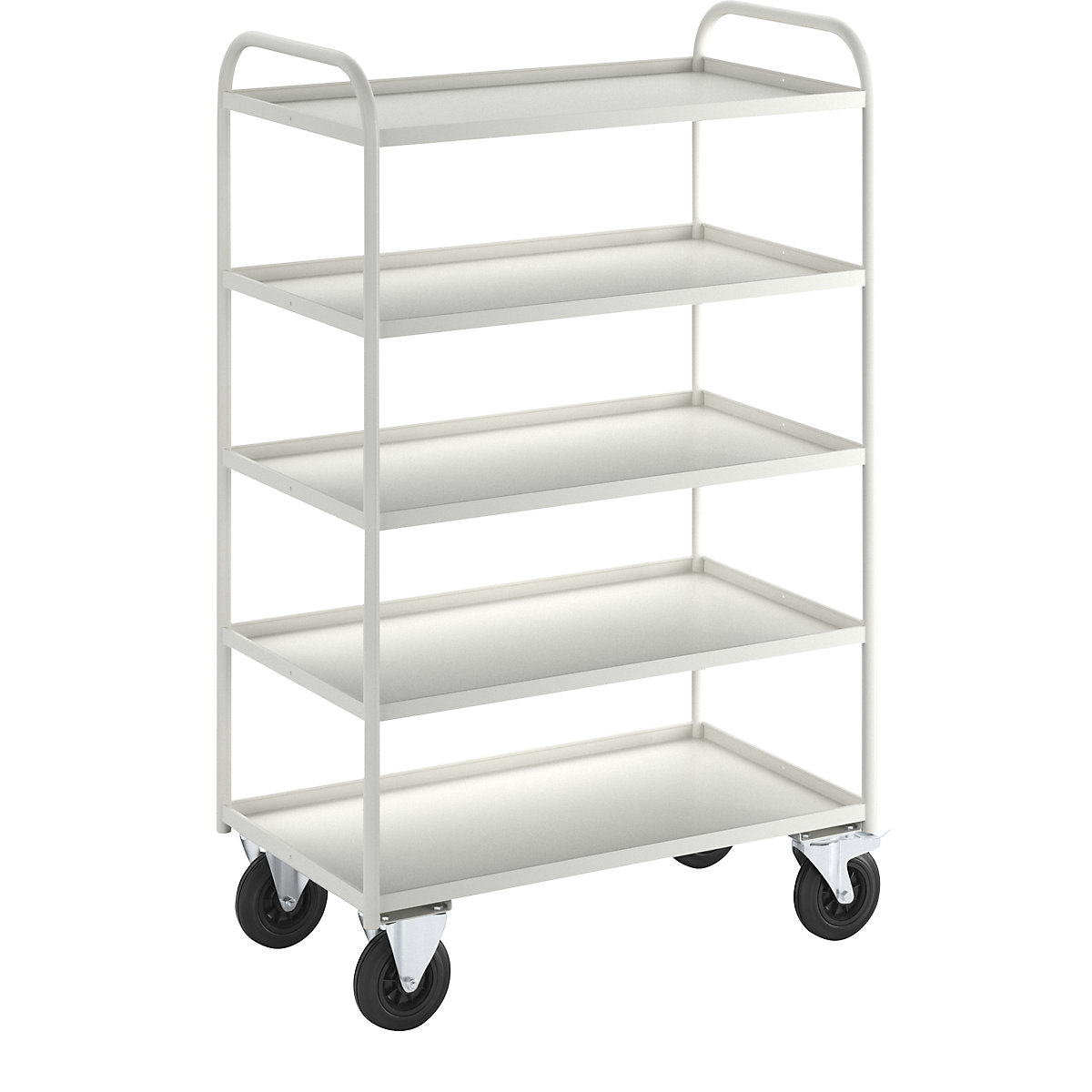 Chariot à plateaux KM41 – Kongamek, 5 plateaux à rebord, L x l x h 955 x 550 x 1490 mm, blanc, 2 roulettes pivotantes avec frein, 2 fixes-7