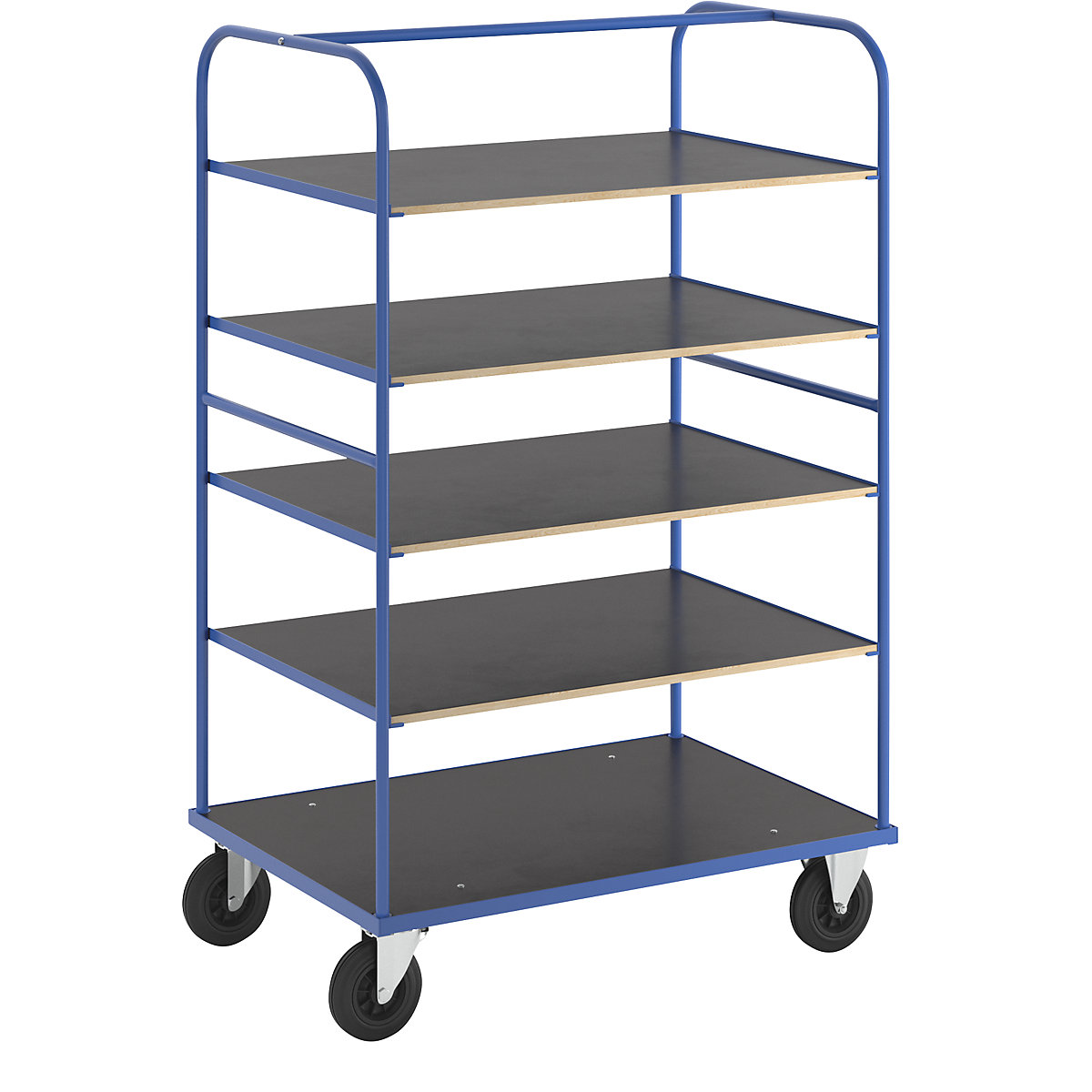 Chariot multi-usages à tablettes KM338 – Kongamek, L x l x h 1200 x 800 x 1800 mm, bleu, 2 roulettes pivotantes avec frein, 2 fixes-1