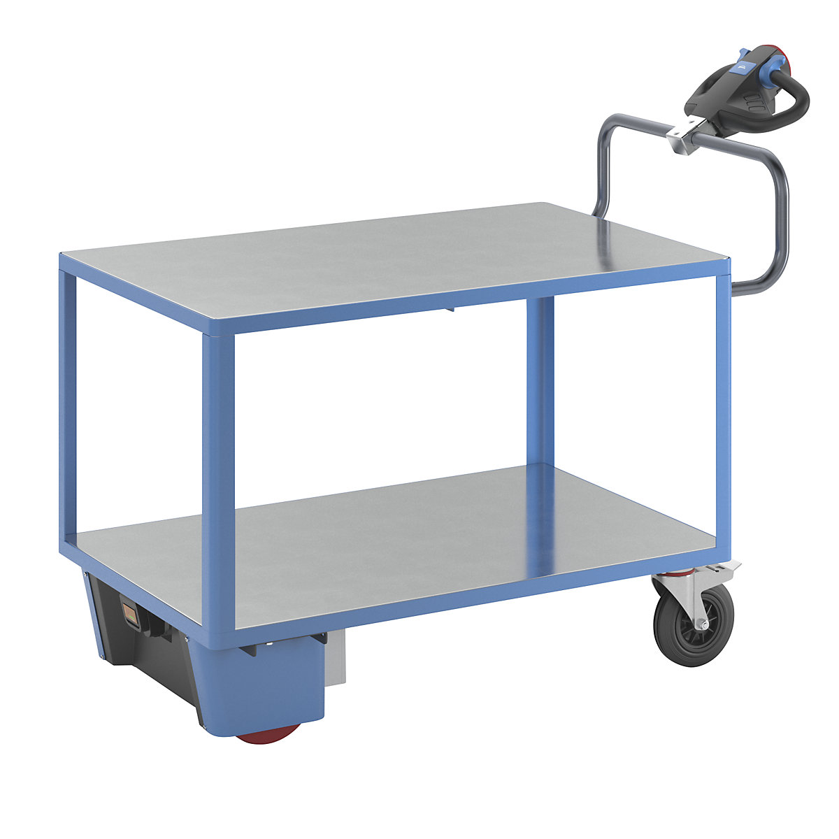 Chariot de montage à entraînement électrique – eurokraft pro, 2 tablettes galvanisées, L x l x h 1670 x 800 x 1300 mm, bleu-1