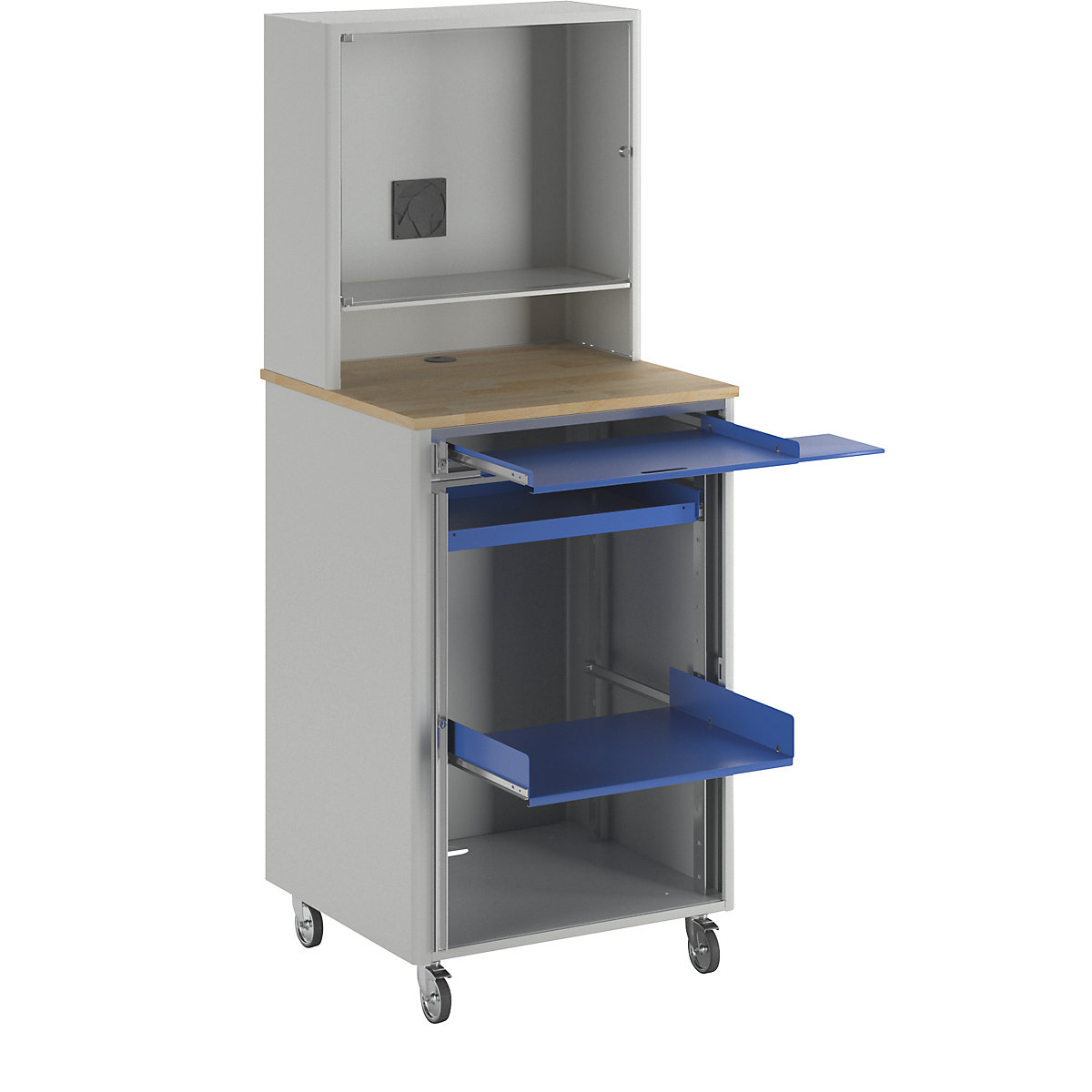 Computer workstation – RAU, HxWxD 1810 x 720 x 660 mm, with monitor housing, mobile, light grey / gentian blue-5