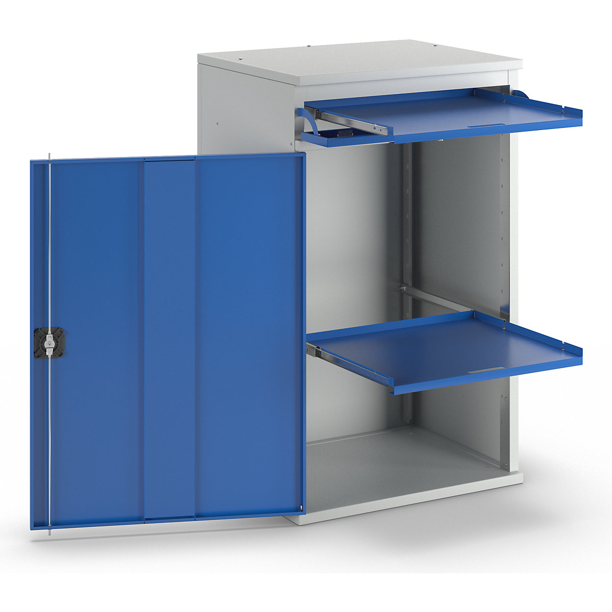 Computer workstation – RAU, cupboard housing with 1 pull-out shelf, width 650 mm, light grey / gentian blue-5