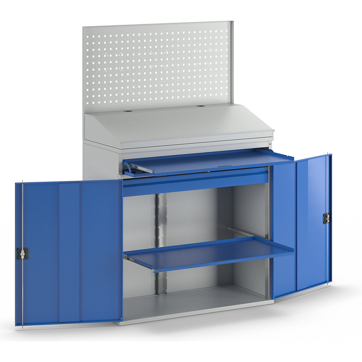 Computer workstation – RAU, perforated panel, desktop, pull-out shelf, drawer, width 1100 mm, light grey / gentian blue-14