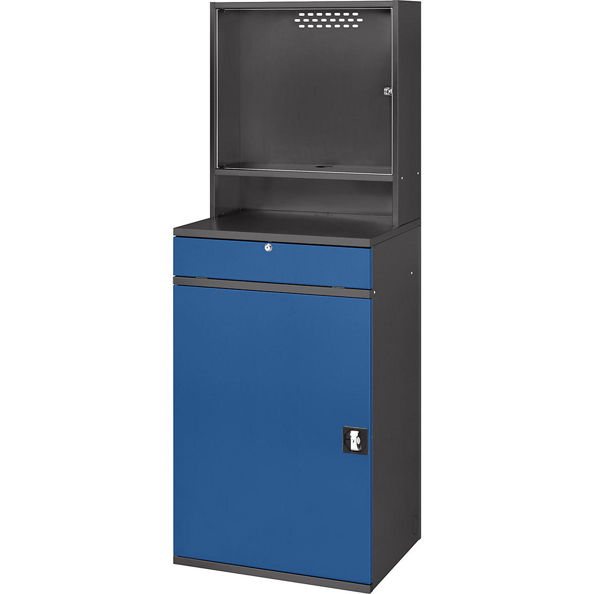RAU – Computer workstation, monitor housing, 1 pull-out shelf, 2 drawers, width 650 mm, charcoal / gentian blue