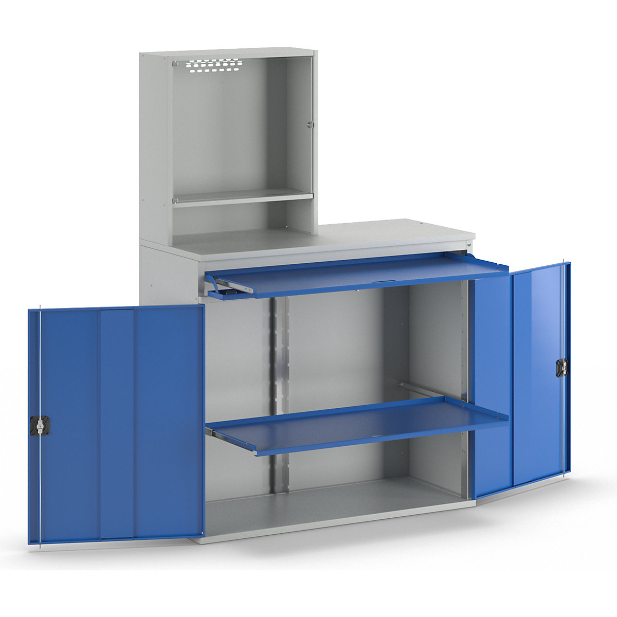 Computer workstation – RAU, monitor housing, 1 pull-out shelf, width 1100 mm, light grey / gentian blue-13