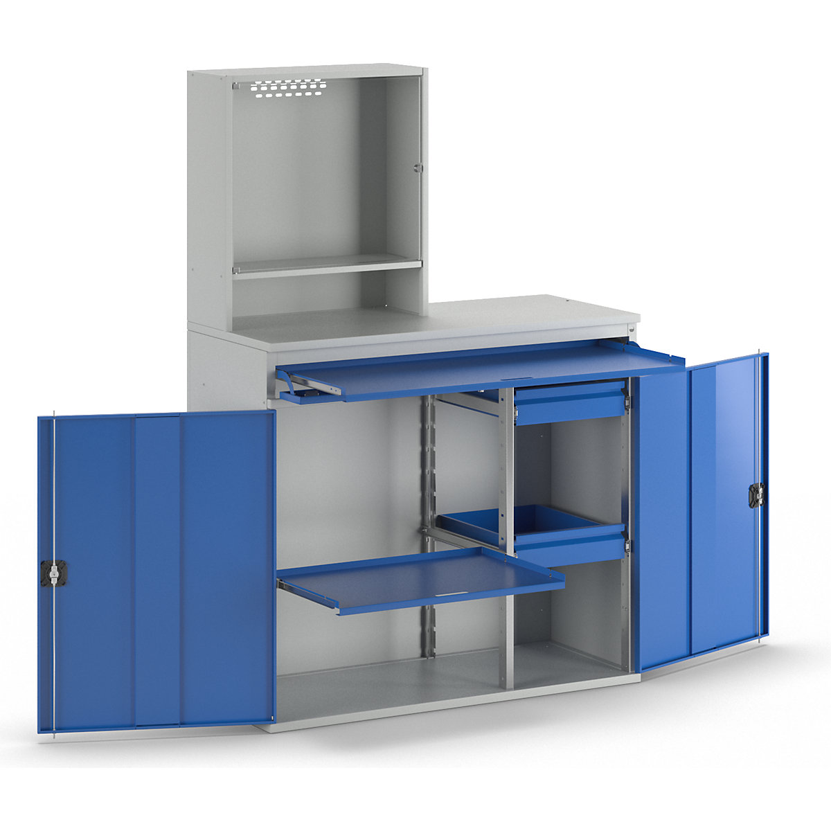 Computer workstation – RAU, monitor housing, 1 pull-out shelf, 2 drawers, width 1100 mm, light grey / gentian blue-11