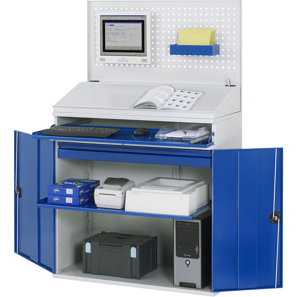 RAU – Computer workstation, perforated panel, desktop, pull-out shelf, drawer, width 1100 mm, light grey / gentian blue