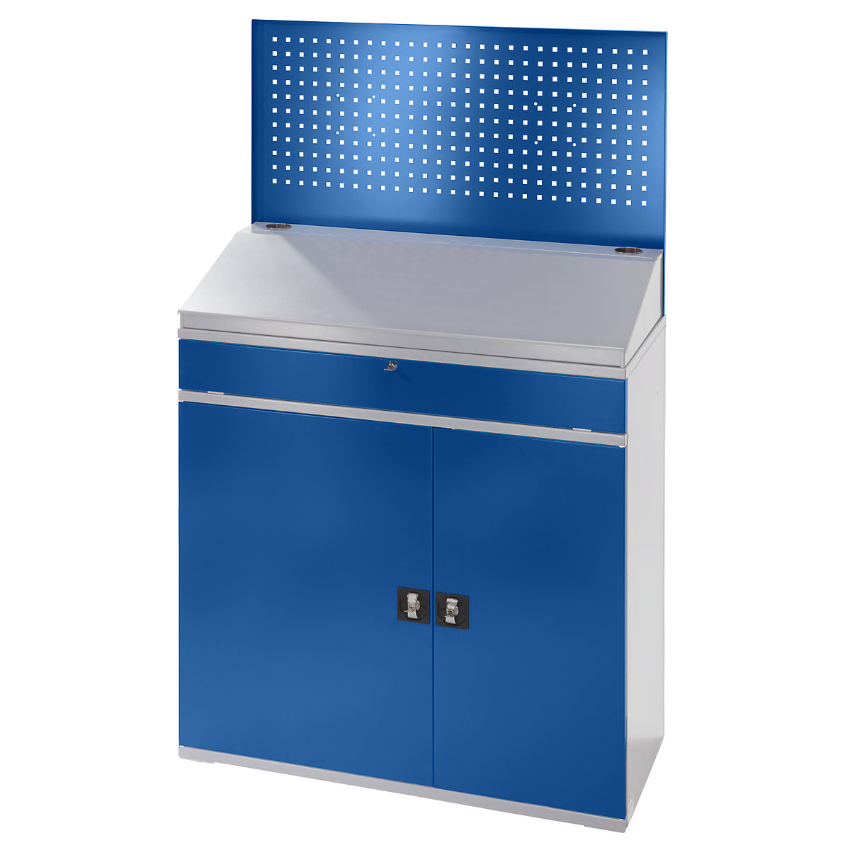 RAU – Computer workstation, perforated panel, desktop, pull-out shelf, drawer, width 1100 mm, charcoal / gentian blue