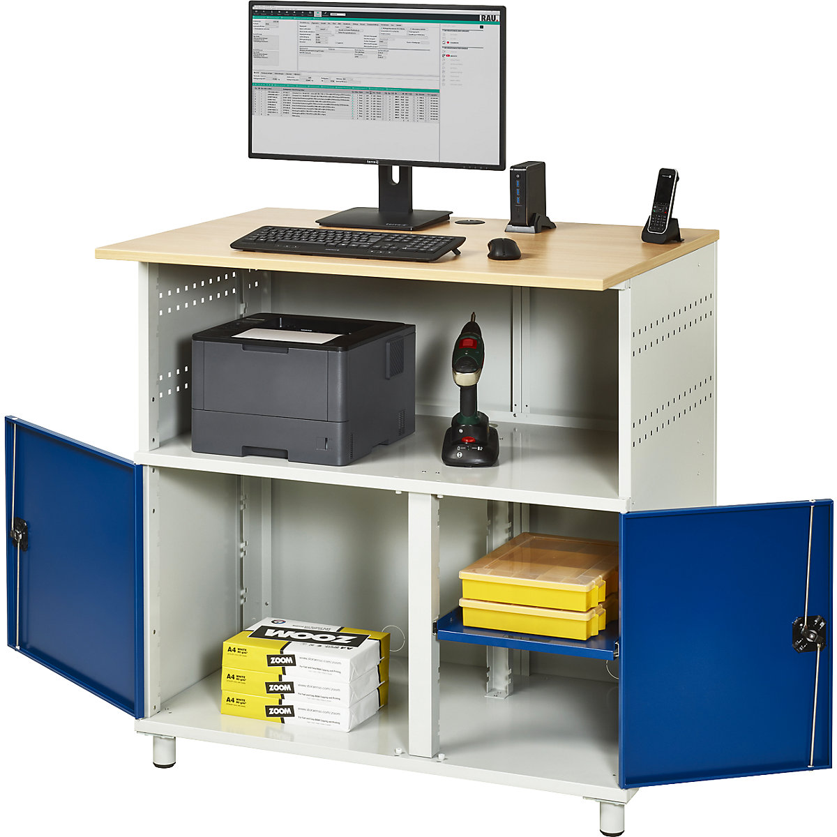 RAU – PC table, with centre partition, light grey RAL 7035 / gentian blue RAL 5010