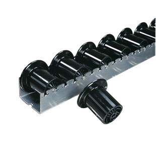 Heavy duty roller track with plastic flanged rollers