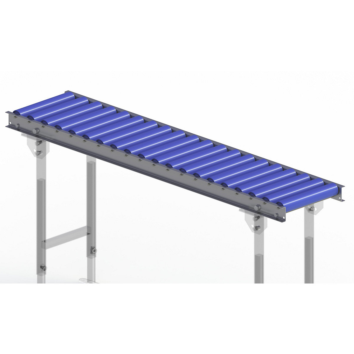 Gura – Light duty roller conveyor, steel frame with plastic rollers, track width 300 mm, axle spacing 75 mm, length 1.5 m