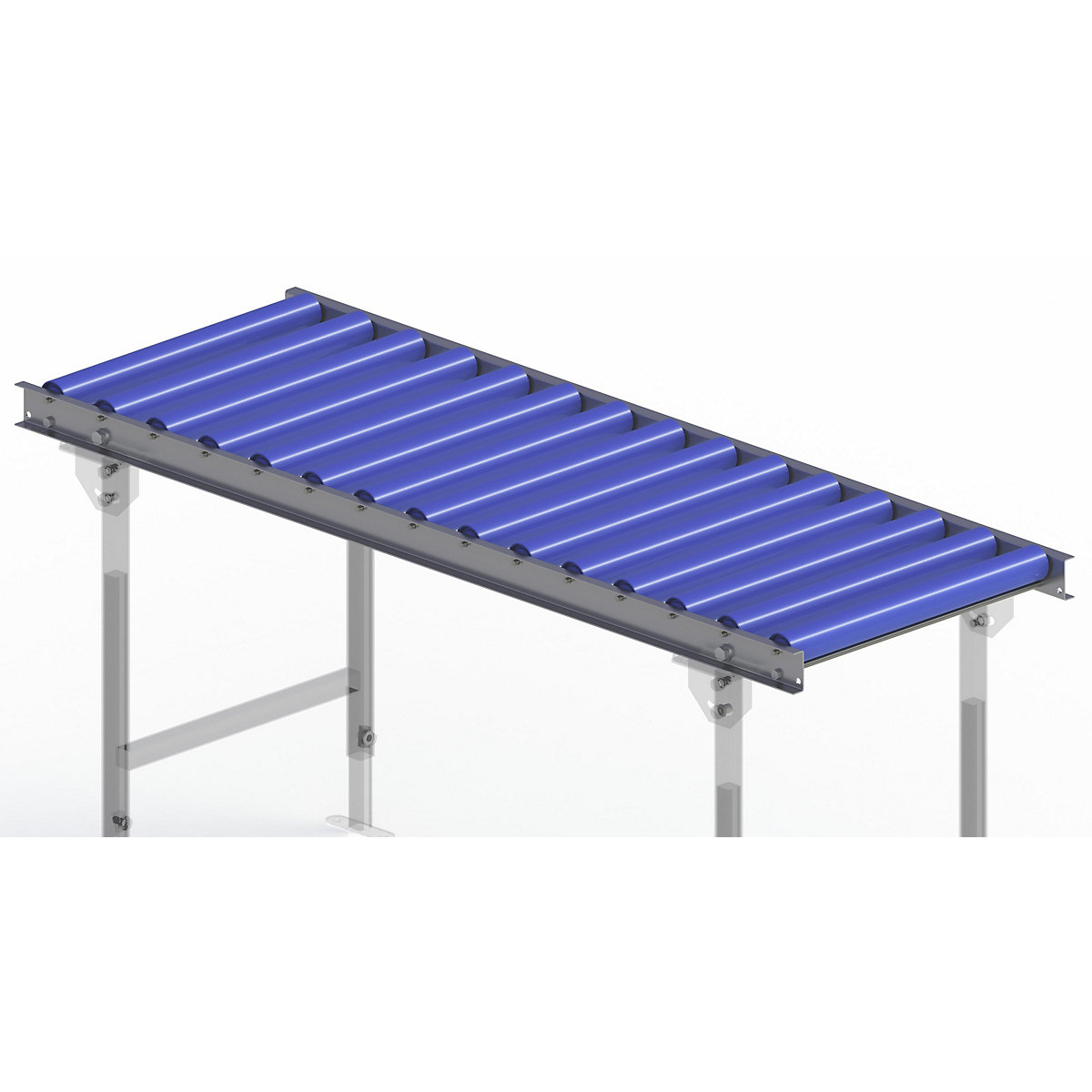 Gura – Light duty roller conveyor, steel frame with plastic rollers, track width 500 mm, axle spacing 100 mm, length 1.5 m