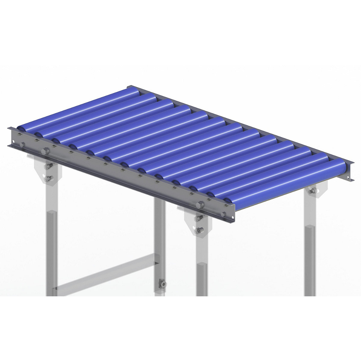 Gura – Light duty roller conveyor, steel frame with plastic rollers, track width 500 mm, axle spacing 75 mm, length 1 m