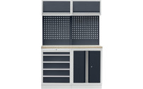 Workshop cupboard system with hinged door and drawer base cupboard
