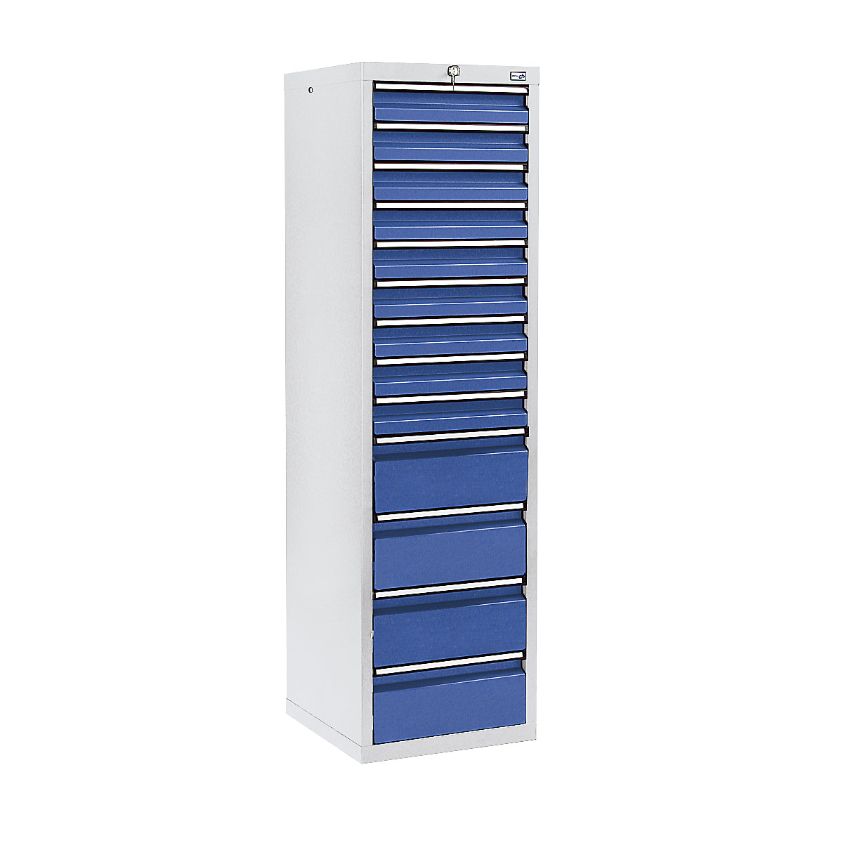 Drawer cupboard, HxWxD 1800 x 500 x 500 mm, 9 x 100 mm drawers, 4 x 200 mm high drawers, grey body, gentian blue drawers-8