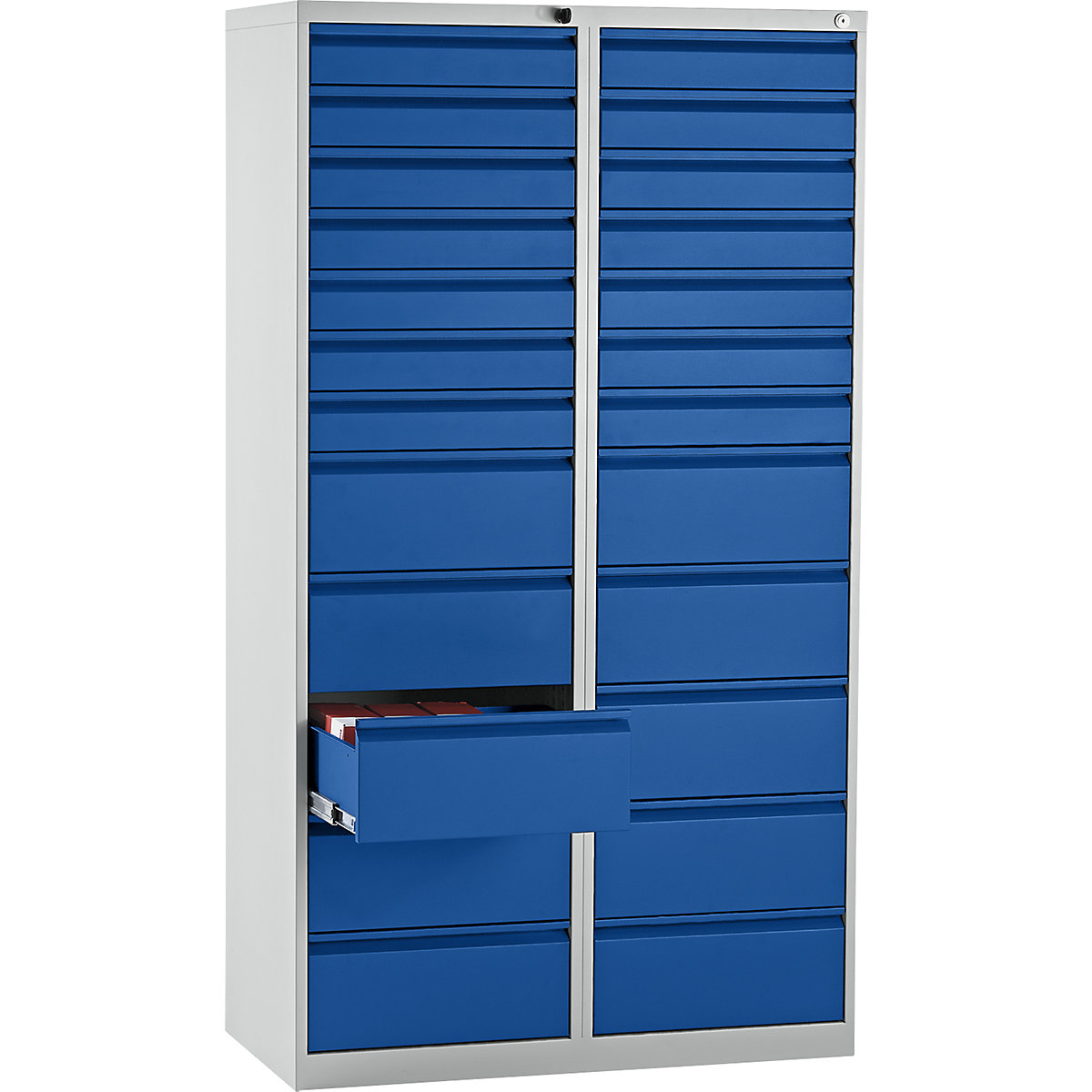 Drawer cupboard, steel – eurokraft basic, HxWxD 1800 x 1000 x 500 mm, 24 drawers, gentian blue drawers-9