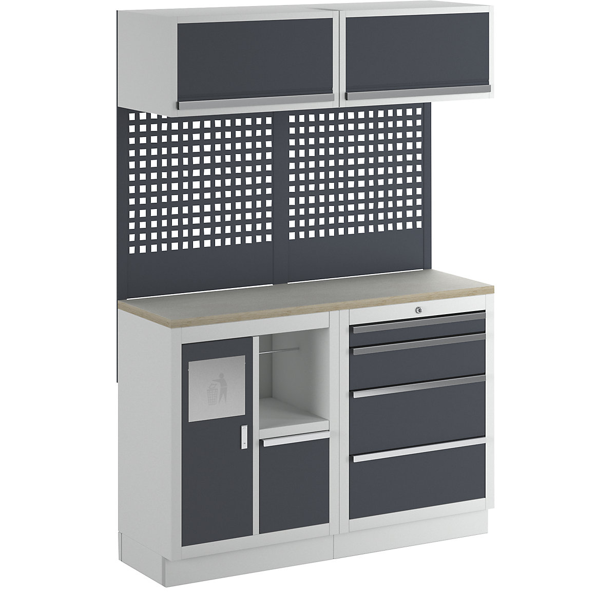 Workshop cupboard system with waste and cleaning centre