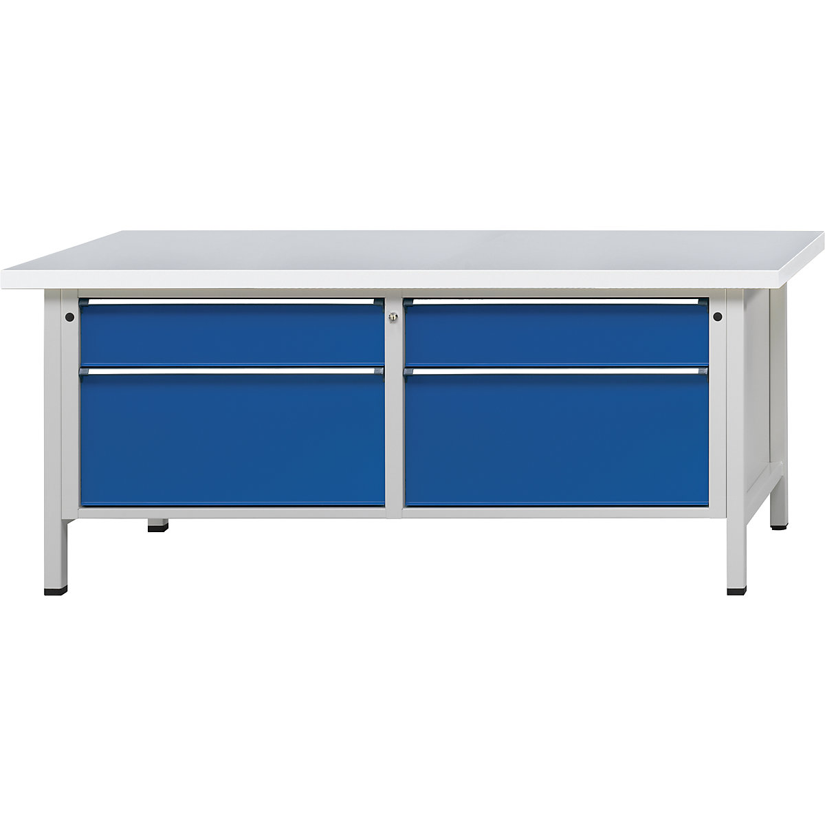 Dílenské stoly s šířkou 2000 mm, rámová konstrukce – ANKE, 4 zásuvky, univerzální deska, výška 840 mm