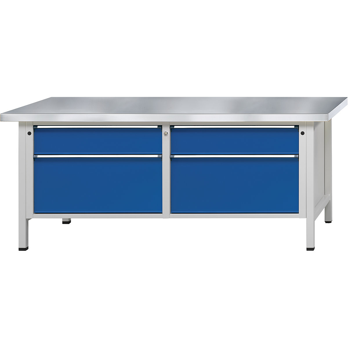 Dílenské stoly s šířkou 2000 mm, rámová konstrukce – ANKE, 4 zásuvky, deska s potahem z ocelového plechu, výška 840 mm