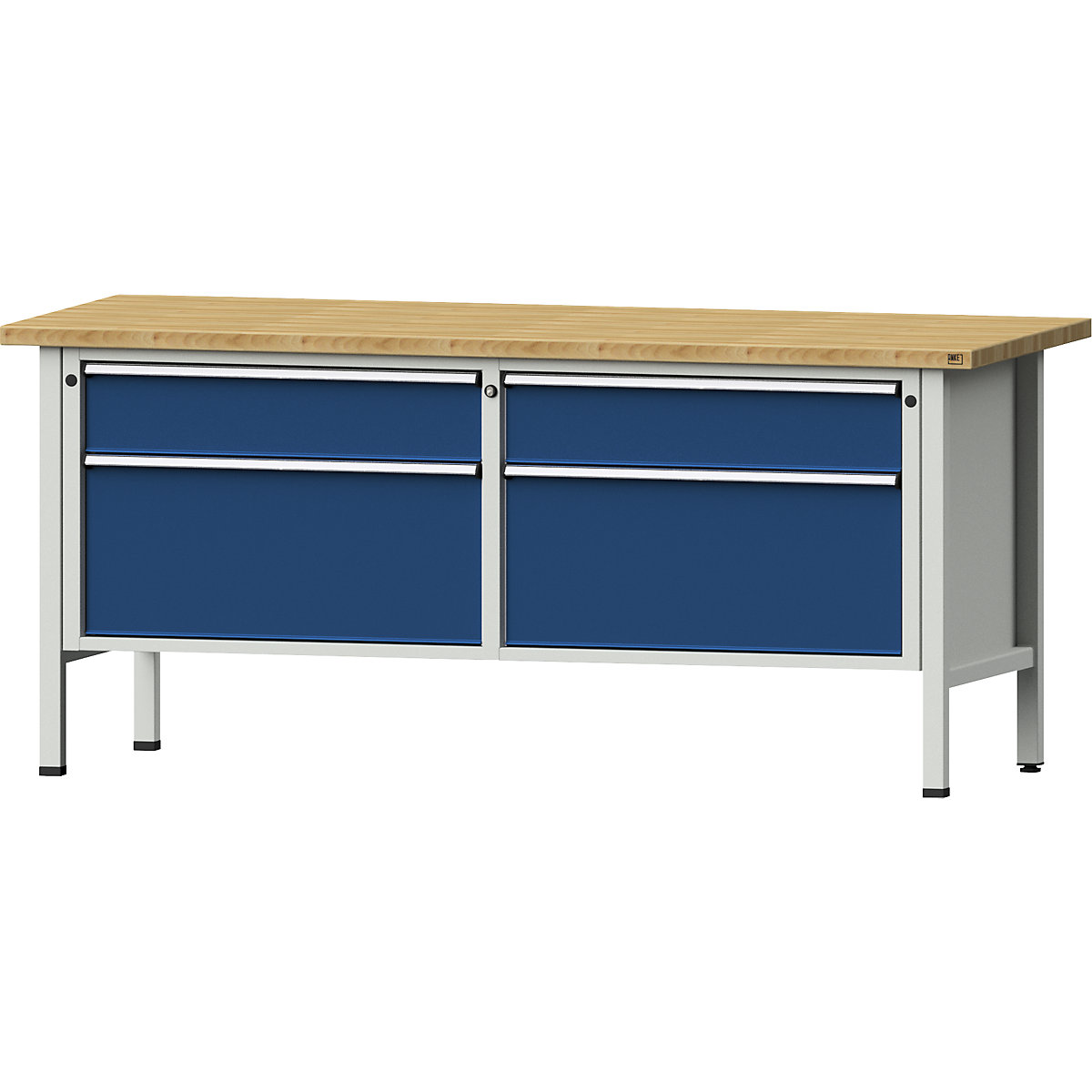 Dílenské stoly s šířkou 2000 mm, rámová konstrukce – ANKE, 4 zásuvky, deska z bukového masivu, výška 890 mm