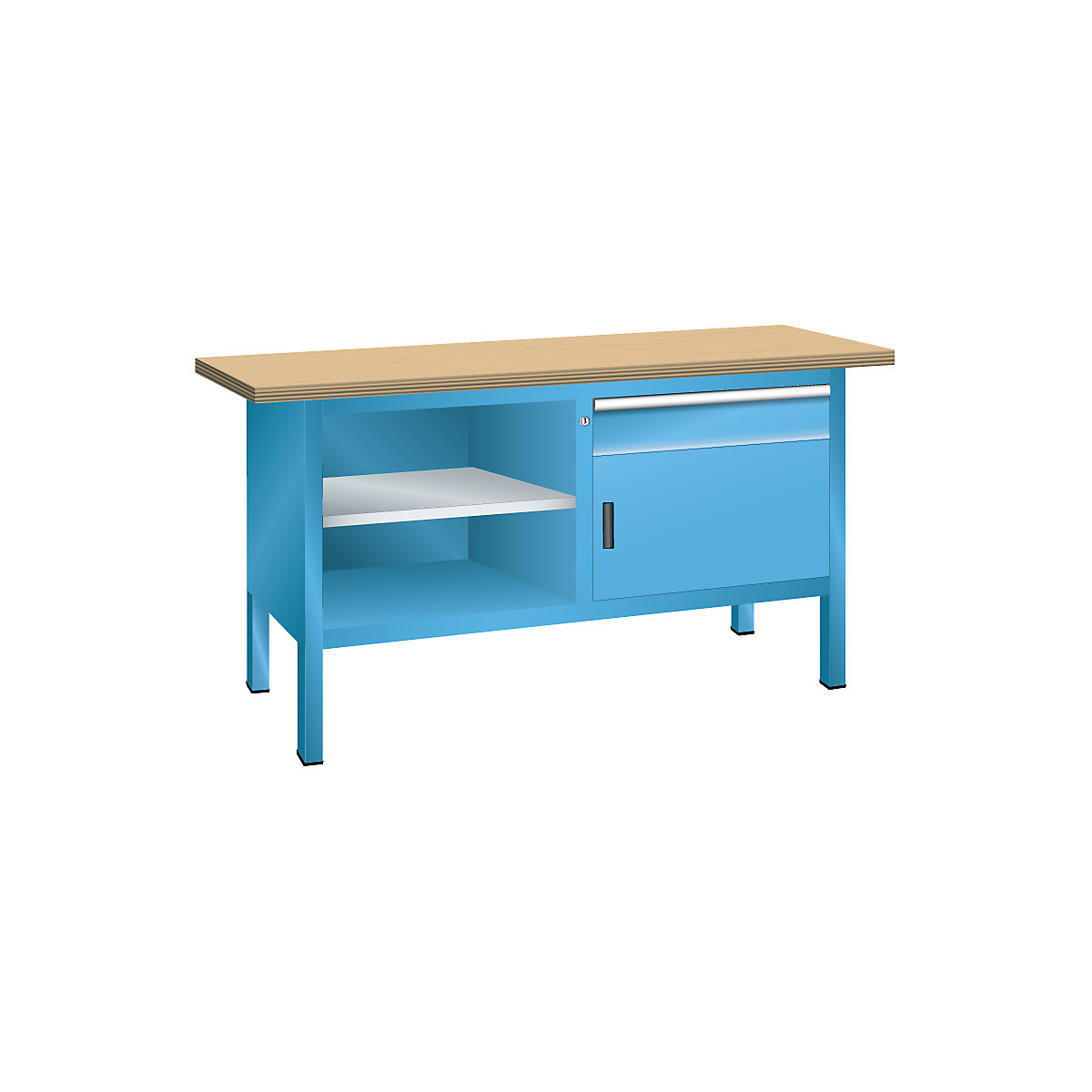 Dílenský stůl s deskou z překližky Multiplex, rámová konstrukce – LISTA, 1 zásuvka, 1 dveře, 3 police, korpus světlá modrá, čelo světlá modrá-9