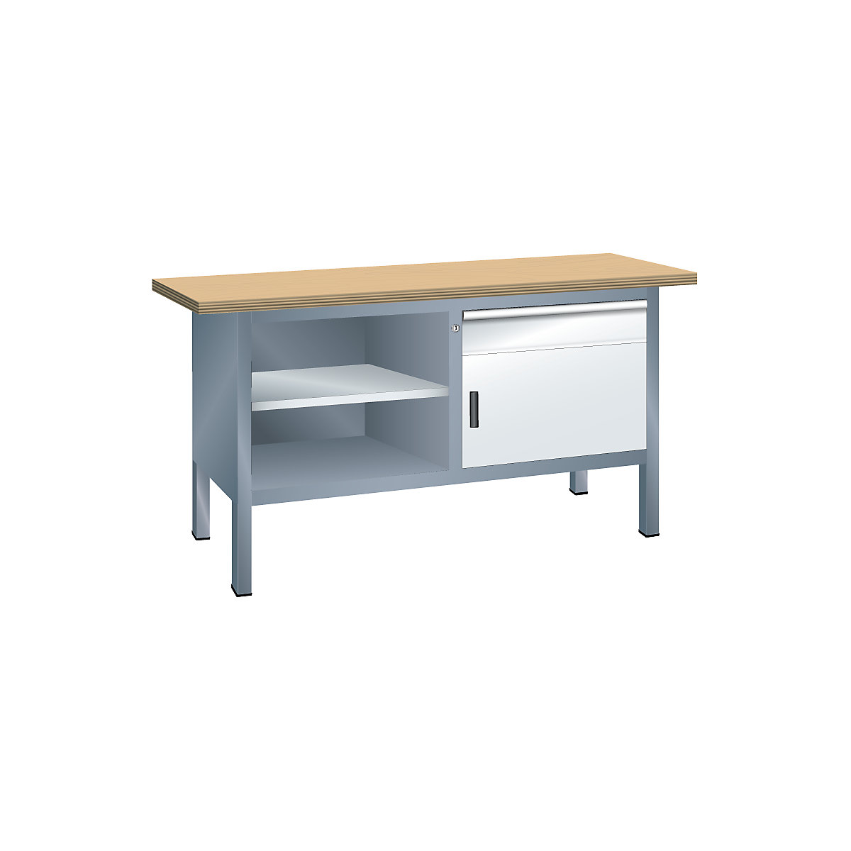 Dílenský stůl s deskou z překližky Multiplex, rámová konstrukce – LISTA, 1 zásuvka, 1 dveře, 3 police, korpus šedá metalíza, čelo světlá šedá-10