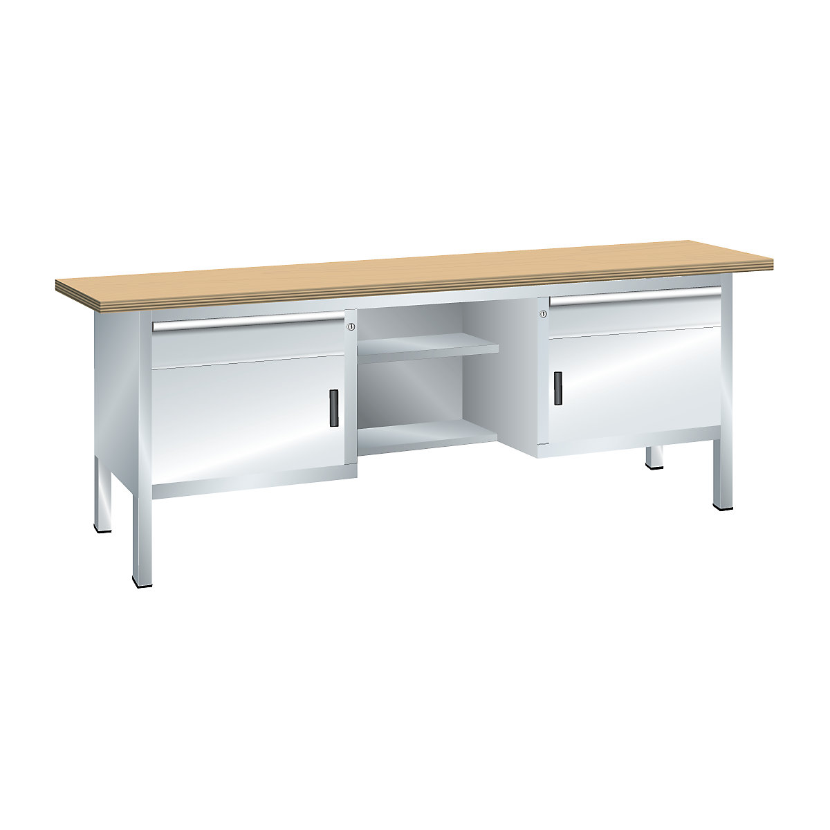 Dílenský stůl s deskou z překližky Multiplex, rámová konstrukce – LISTA, 2 zásuvky, 2 dveře, 4 police, korpus světlá šedá, čelo světlá šedá-2