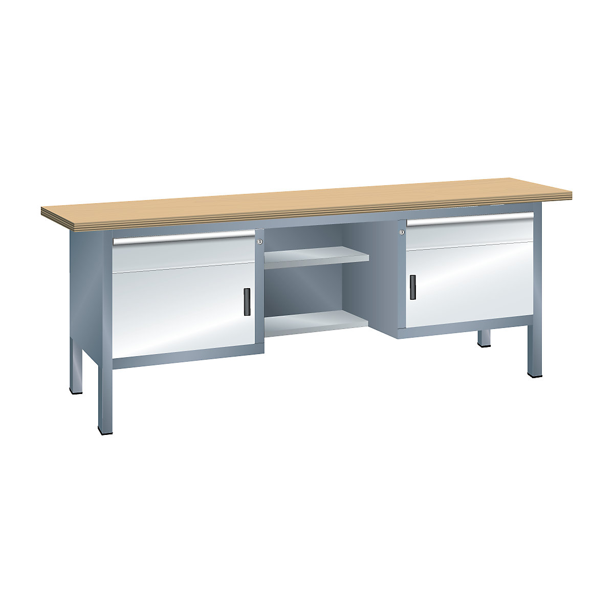 Dílenský stůl s deskou z překližky Multiplex, rámová konstrukce – LISTA, 2 zásuvky, 2 dveře, 4 police, korpus šedá metalíza, čelo světlá šedá-3