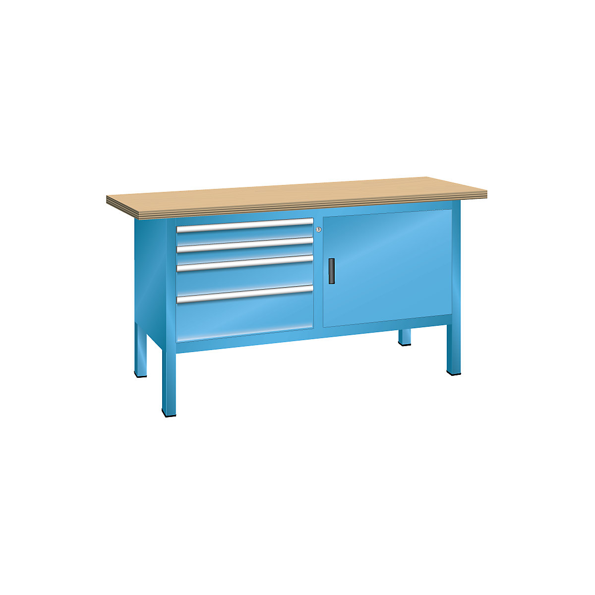 Dílenský stůl s masivní bukovou deskou, rámová konstrukce – LISTA, šířka 1500 mm, 4 zásuvky, 1 dveře, korpus světlá modrá, čelo světlá modrá-2