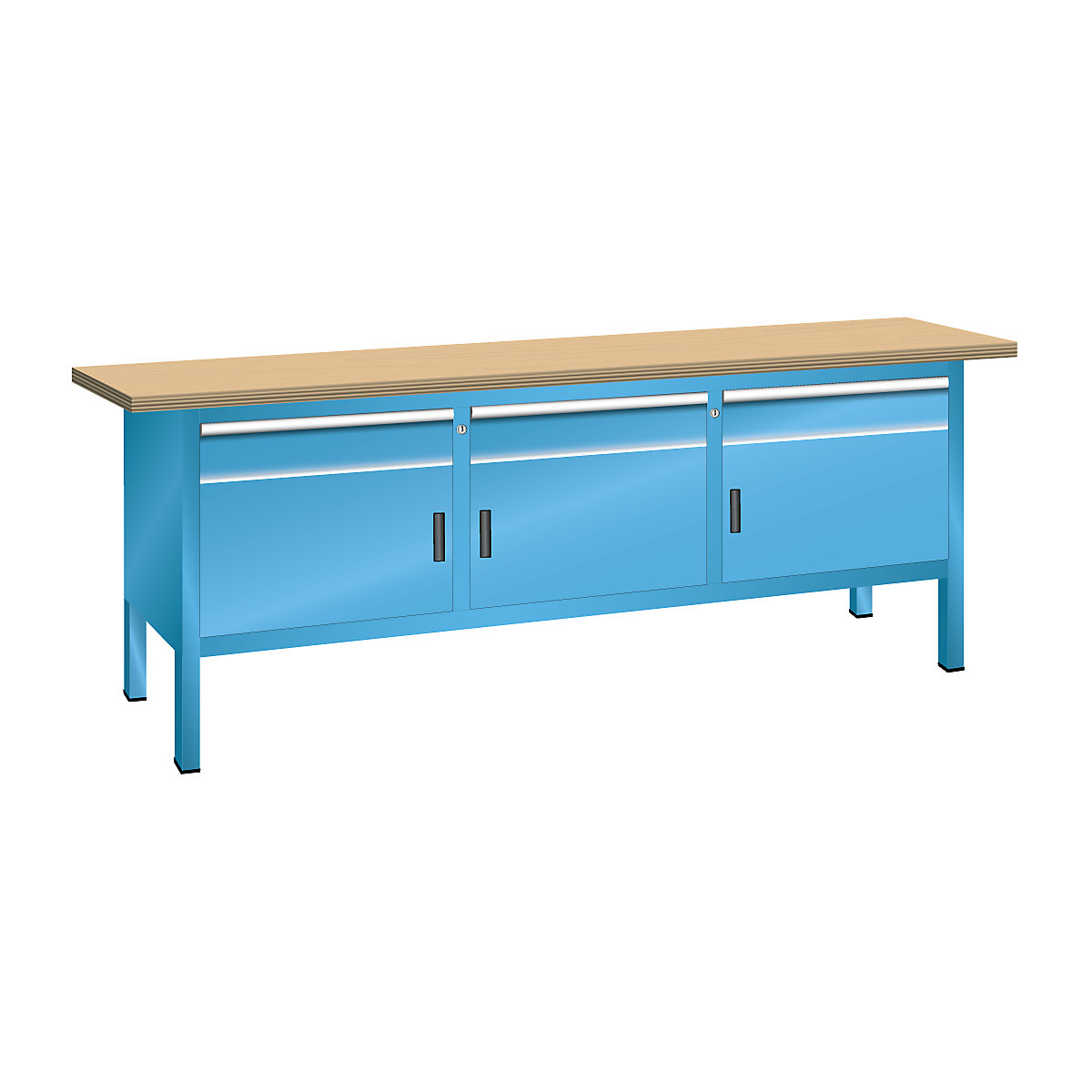 Dílenský stůl s masivní bukovou deskou, rámová konstrukce – LISTA, šířka 2000 mm, 3 zásuvky, 3 dveře, korpus světlá modrá, čelo světlá modrá-2