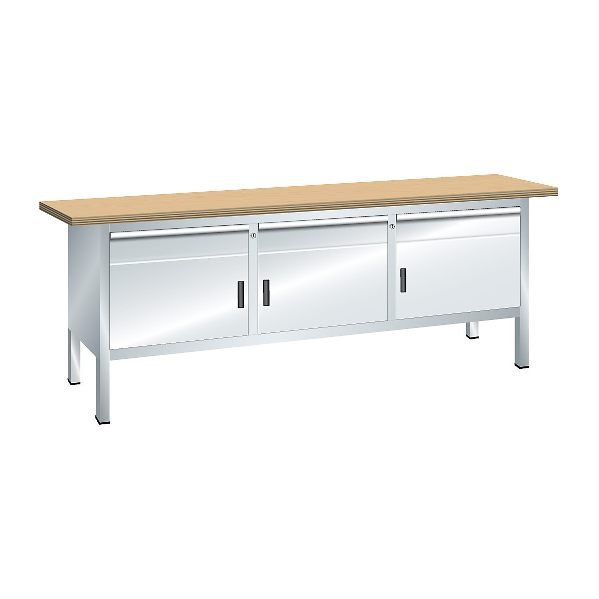 Dílenský stůl s masivní bukovou deskou, rámová konstrukce – LISTA, šířka 2000 mm, 3 zásuvky, 3 dveře, korpus světlá šedá, čelo světlá šedá-3