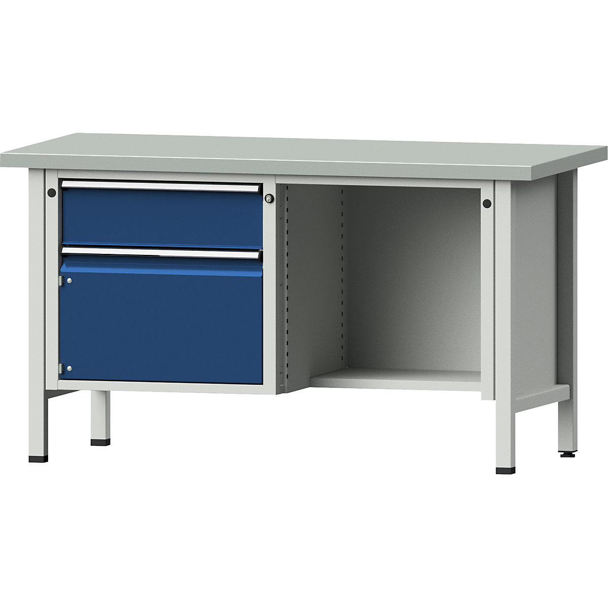 Dílenský stůl s rámovou konstrukcí – ANKE, 1 zásuvka, dveře 360 mm, ½ odkládací police, ocelový plech, částečný výsuv-10