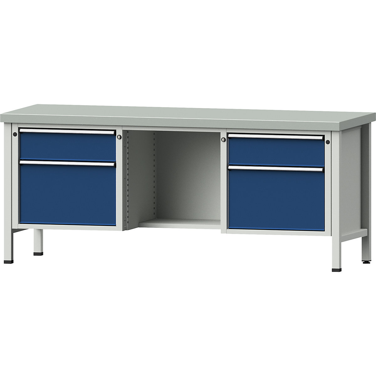Dílenský stůl s rámovou konstrukcí – ANKE, zásuvky 2 x 180 mm, 2 x 360 mm, ½ odkládací police, ocelový plech, plný výsuv-10