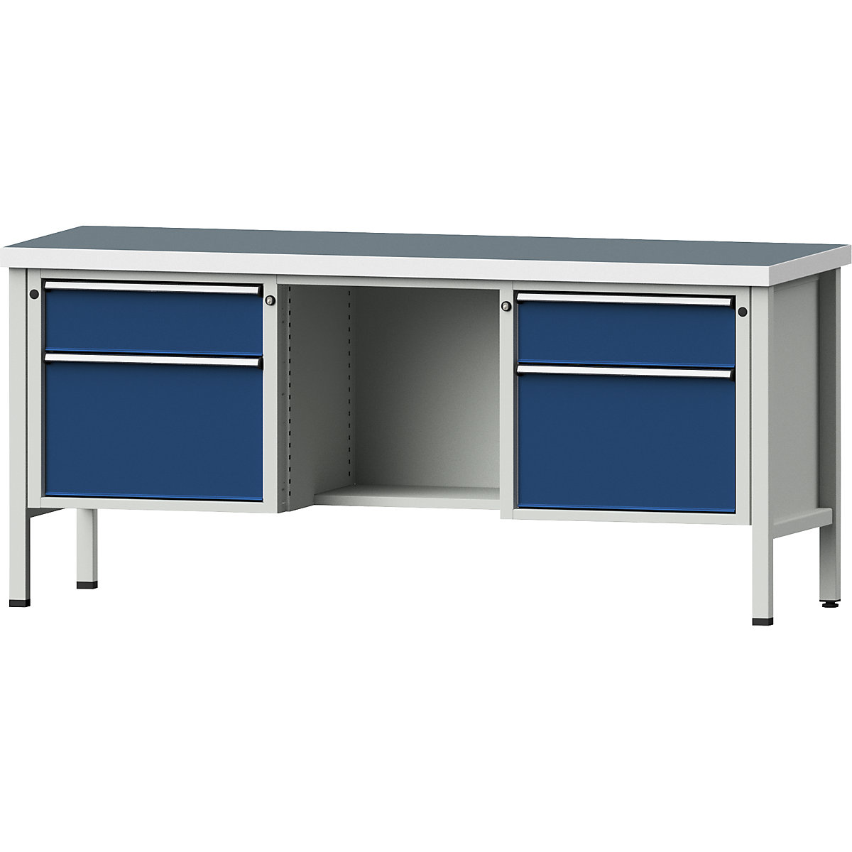 Dílenský stůl s rámovou konstrukcí – ANKE, zásuvky 2 x 180 mm, 2 x 360 mm, ½ odkládací police, výška 890 mm, univerzální deska-7