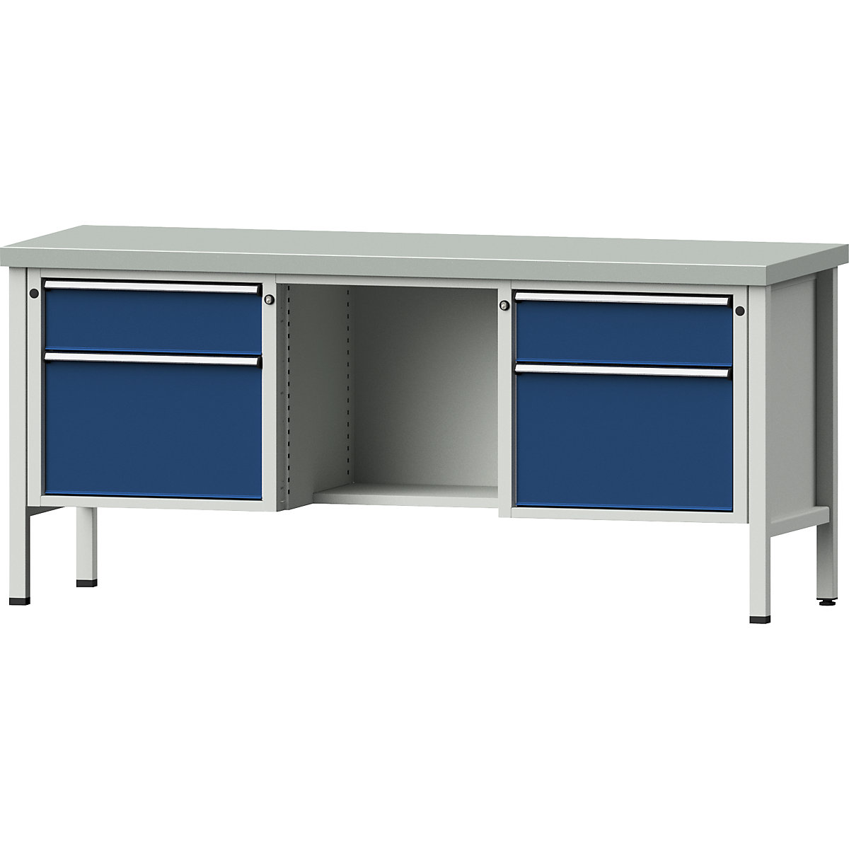 Dílenský stůl s rámovou konstrukcí – ANKE, zásuvky 2 x 180 mm, 2 x 360 mm, ½ odkládací police, výška 890 mm, potah z ocelového plechu-8