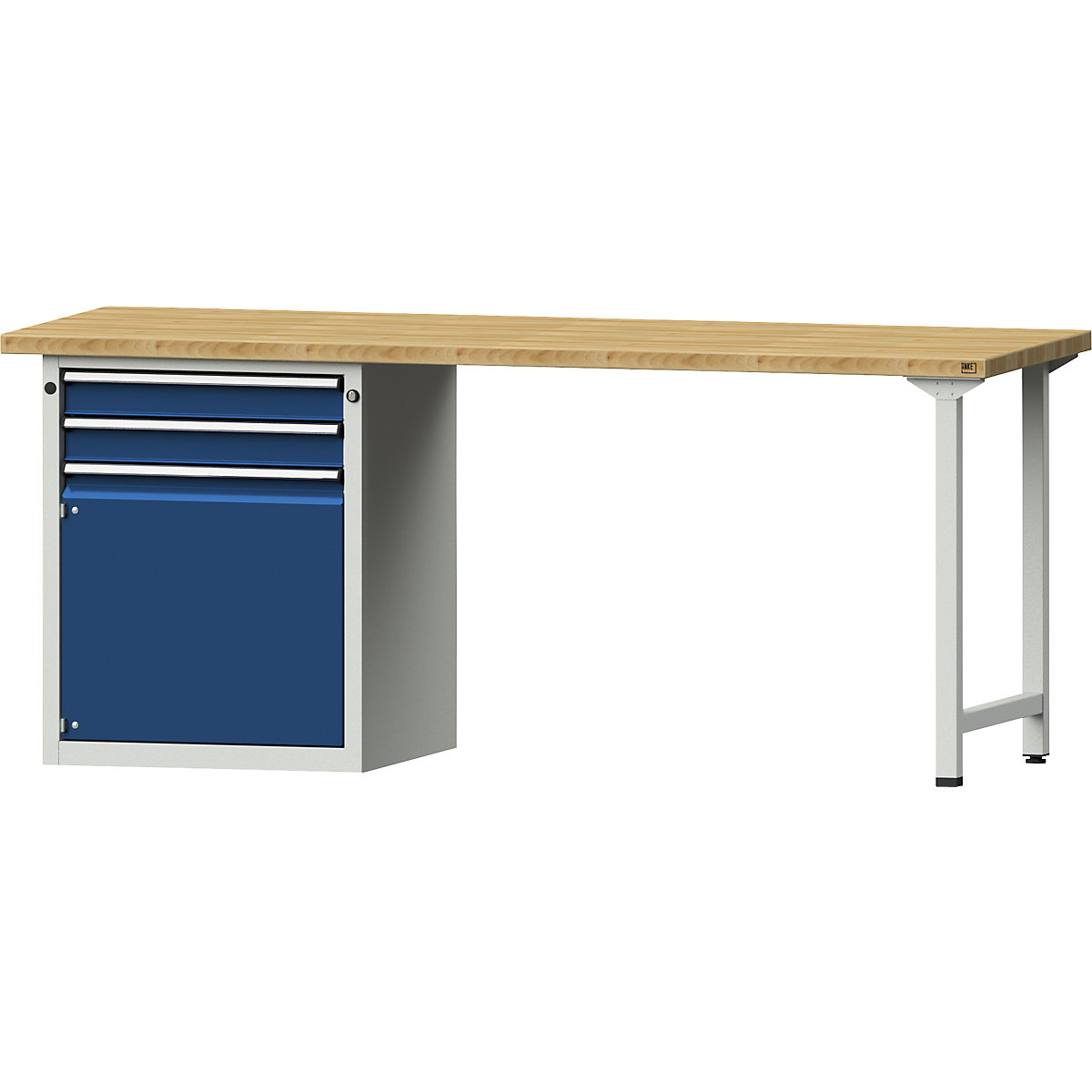 Dílenský stůl s rámovou konstrukcí – ANKE, 2 zásuvky, 1 dveře, deska z bukového masivu, šířka 2000 mm