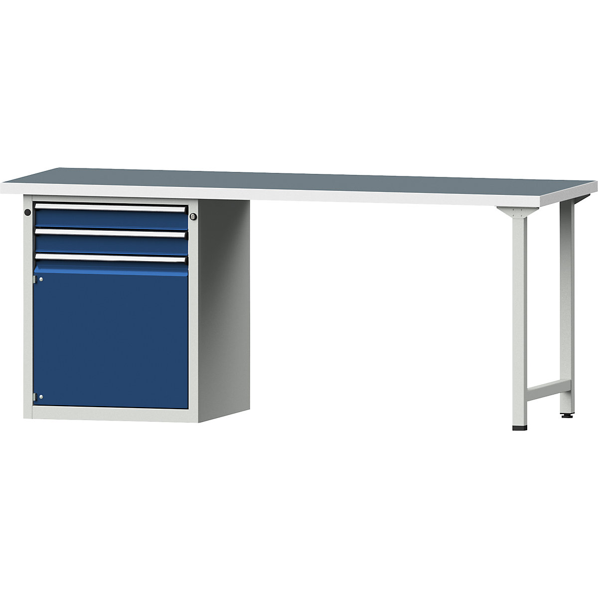 Dílenský stůl s rámovou konstrukcí – ANKE, 2 zásuvky, 1 dveře, univerzální deska, šířka 2000 mm