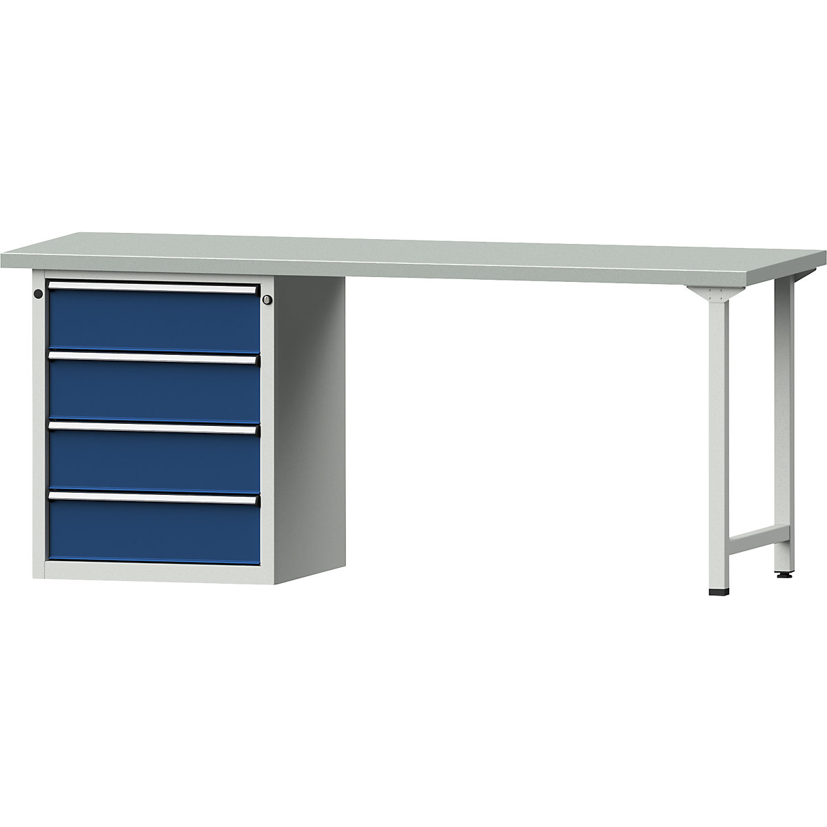 Dílenský stůl s rámovou konstrukcí – ANKE, 4 zásuvky, deska s potahem z ocelového plechu, šířka 2000 mm