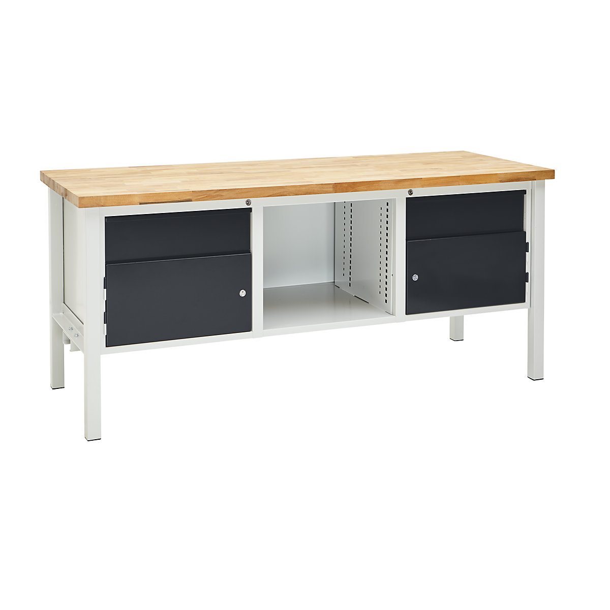 Dílenský stůl s rámovou konstrukcí, šířka 2000 mm, 2 zásuvky 175 mm, 2 dveře 300 mm, světlá šedá/antracitová šedá-1