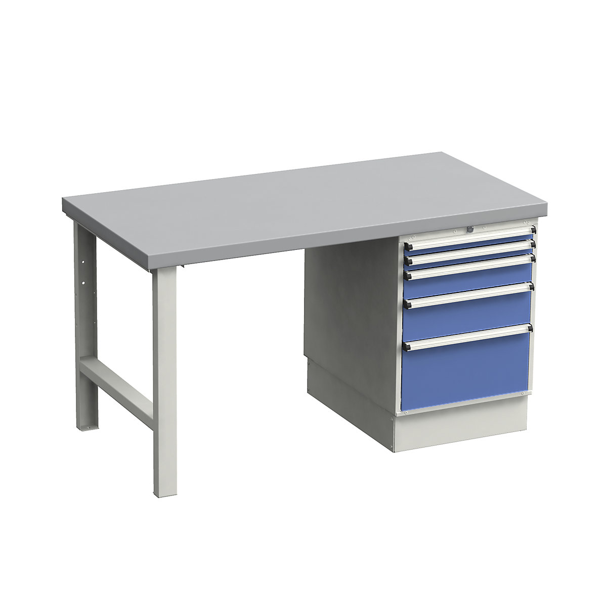 Treston – Dílenský stůl, stavebnicový systém, se zásuvkovým blokem, deska z ocelového plechu, š x h 1500 x 750 mm