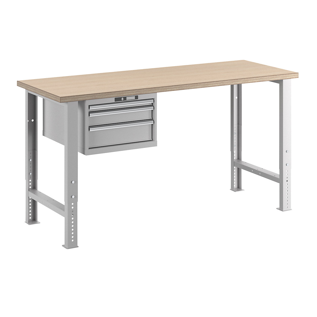 Dílenský stůl ve stavebnicovém systému – LISTA, výška 740 – 1090 mm, závěsná skříň, 3 zásuvky, světle šedá, šířka stolu 2000 mm-14